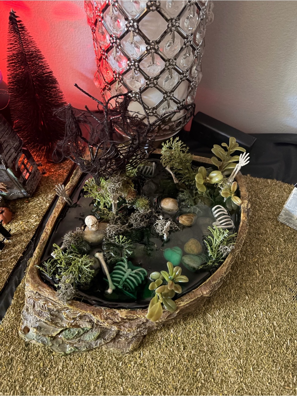 Rustic Bark Halloween Centerpiece with Green Accents